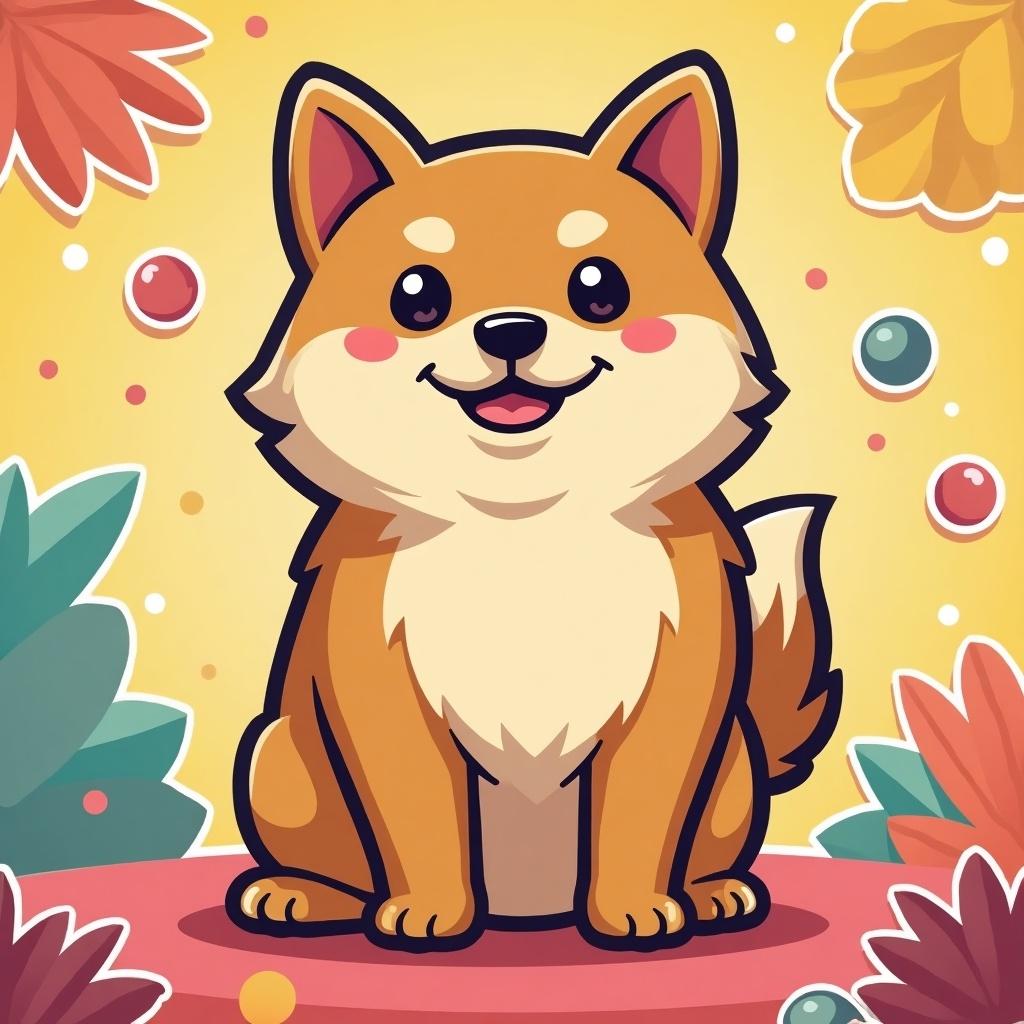 Cartoon shiba dog resembling the pepe meme. Background has vibrant colors and patterns emphasizing meme token theme. Scene has a fun laid-back vibe appealing to meme culture fans. Light-hearted representation of crypto community.