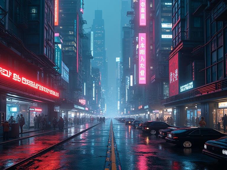 Futuristic cityscape with neon lights and advanced architecture. Cyberpunk aesthetic shows high-tech innovation and urban density. Night scene with reflections and atmospheric mist.