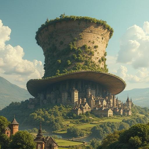 A massive hat towers over a town. The town grows around and on top of the hat. Lush greenery surrounds the area. Scenic mountains in the background. A clear sky filled with soft clouds.