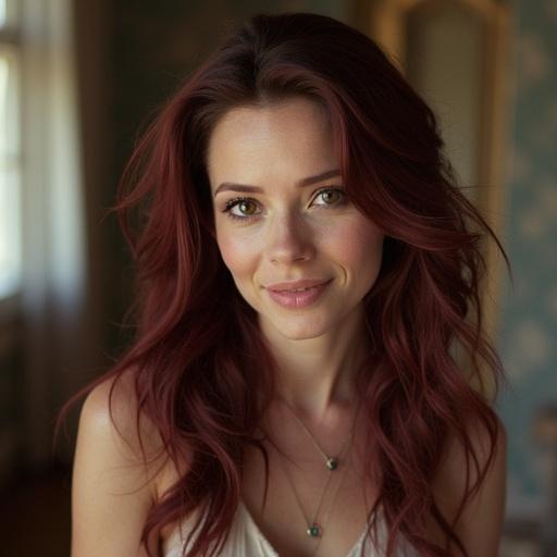 Portrait of a young woman with long brown hair softly illuminated by natural light. Her expression is warm and inviting, with a gentle smile. The background features a light and airy interior setting.