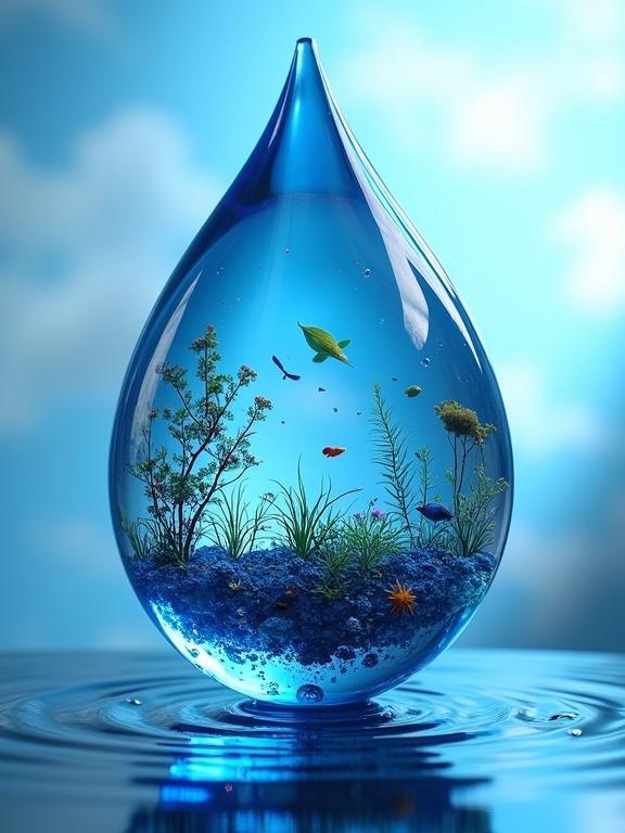 An intricate scene features a blue orb drop magnified that holds a rich miniature ecosystem. Inside are tiny plants and indigo fish thriving. The orb drop appears to float in the air against a blurred blue sky, symbolizing the importance of water for life on earth.