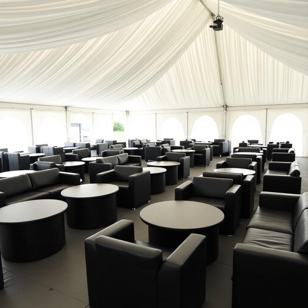 A spacious 60x126 tent with a white ceiling drape. The interior features black soft seating leather furniture arranged around circular tables. Add cocktail tables throughout the space.