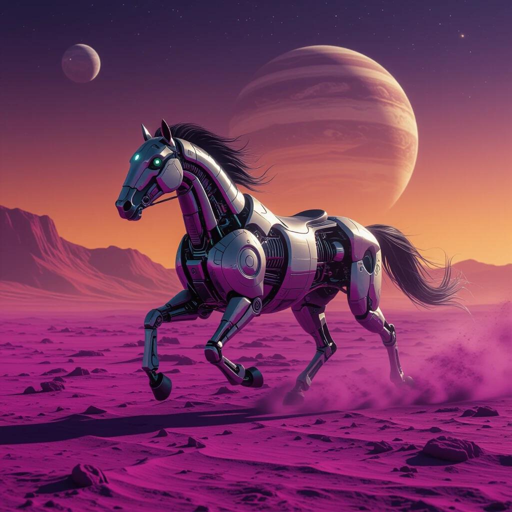 Mechanical futuristic horse running across a purple orange barren alien landscape captured mid action.