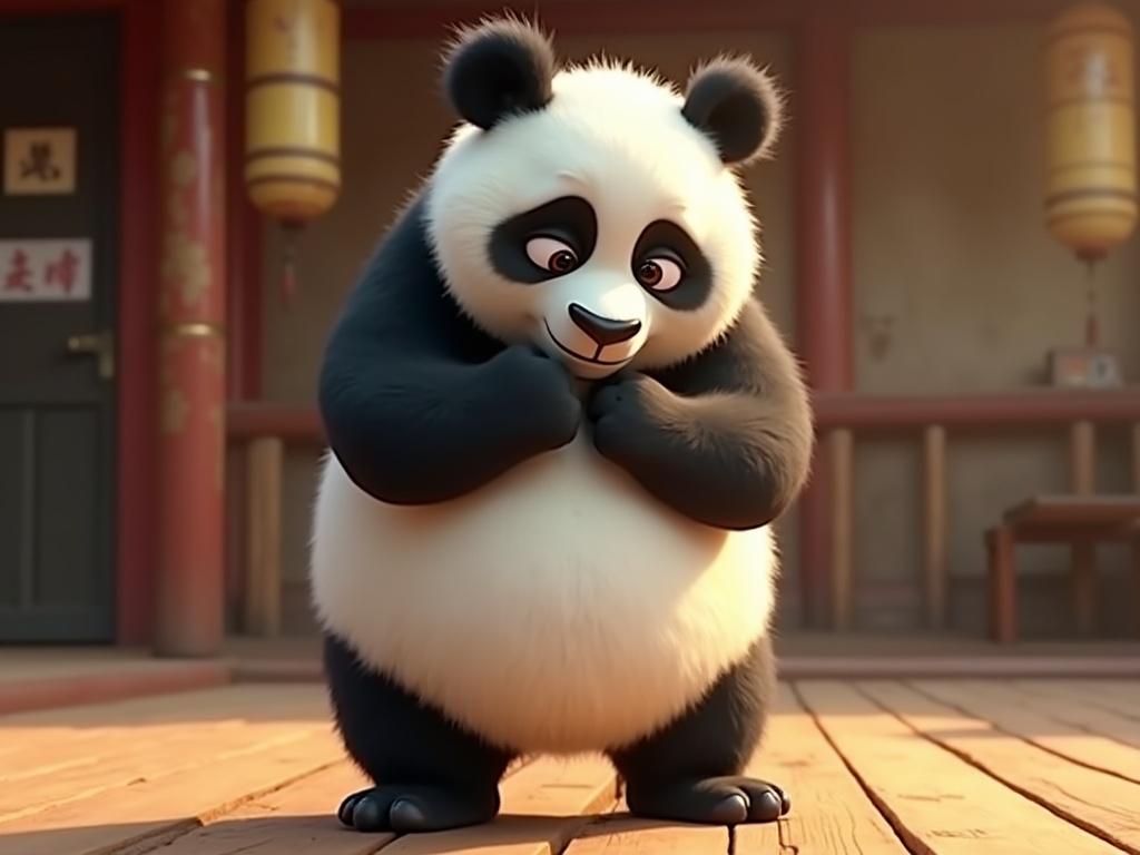 Cartoon panda bear in Kung Fu style. Panda stands slightly hunched over holding belly with paws. Panda looking down at feet with puzzled expression. Classic black and white markings on fur. Background is a martial arts training ground with wooden floors and bamboo decorations. Scene has warm lighting and energetic animated feel.