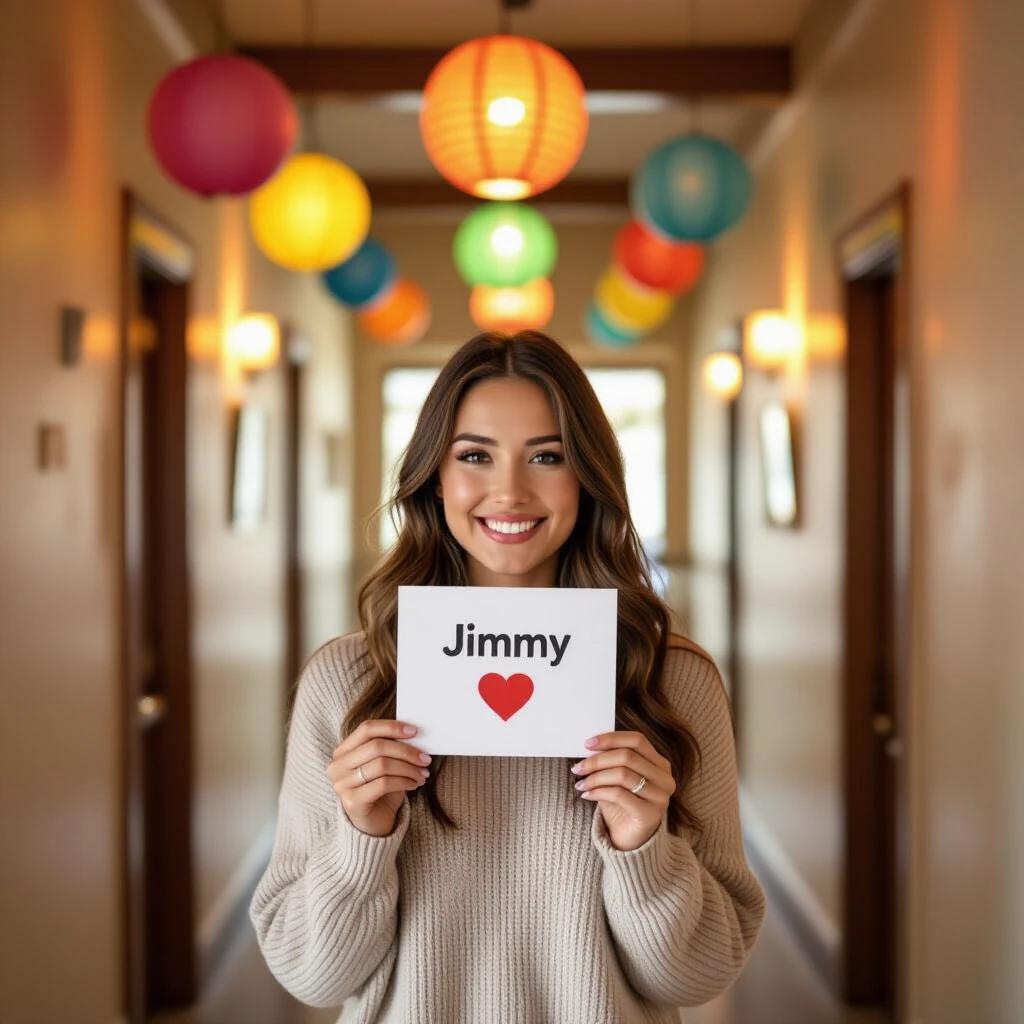 A woman is smiling and holding a card that says 'Jimmy ♥'. The hallway is warm and lit with colorful lanterns hanging from the ceiling.