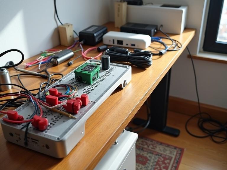 Photograph of cluttered wooden workbench. Various electronics and tools scattered across surface. Silver cable organizer with colorful wires. Red and black wire strippers. Green and white circuit board. Small white cylindrical object. Black power adapter. Black and red cables. Metal screwdriver. Small beige container. White box in background. Silver microphone stand with microphone. White wall. Wooden floor with patterned rug. Overhead light casting shadows. Natural light from the left. Low angle view. Amateur setup. Hobbyist electronics. DIY project. Organized chaos. Detailed textures. Warm wooden tones. Modern and casual atmosphere.