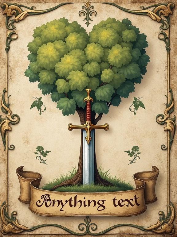 Medieval mural family coat of arms. Stylized heart-shaped linden tree with thick trunk and rounded crown. Gleaming knightly sword planted into the ground. Ornate scrollwork and floral swirls. Banner with text 'Anything text' in medieval calligraphy. Faded wall art texture with muted colors.