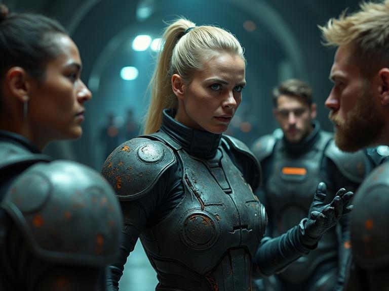 Dramatic scene in a Starcraft base. Blonde woman in a battle-worn tactical suit. Engaging with four male space marines. Dimly lit atmosphere with technological elements. Urgent and tense mood. Emphasized expressions with high detail in armor.