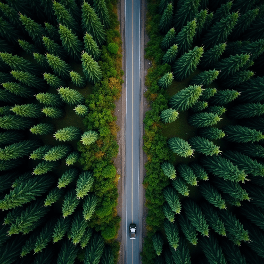 Aerial view of a solitary car driving along a narrow road flanked by dense, towering evergreen trees.