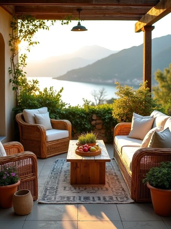 Outdoor terrace with cozy furniture, overlooking a lake at sunset. Featuring rattan seating, a rustic wooden coffee table, and colorful fruits. Surrounded by lush plants and a sunset backdrop.