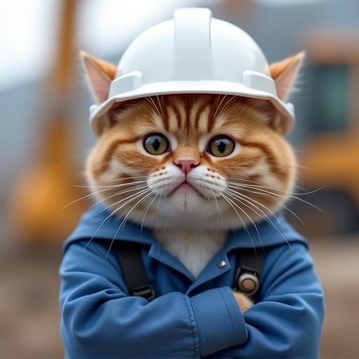 Realistic cat wearing safety helmet and blue work uniform. Cat is on construction site with disappointed expression. Styled in Genba Neko fashion.