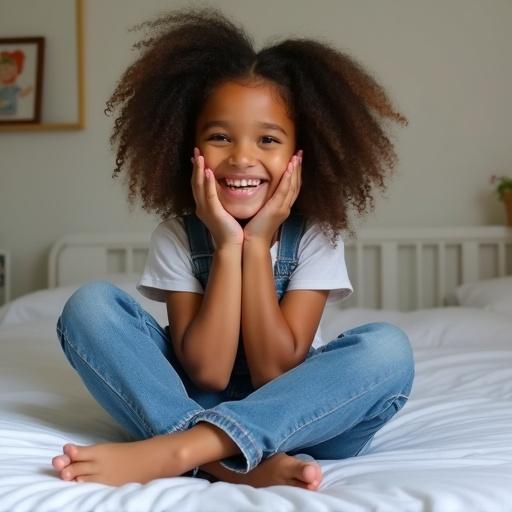 A girl with mixed race features smiles while sitting on a bed. She is wearing denim jeans and counting her toes with her fingers.