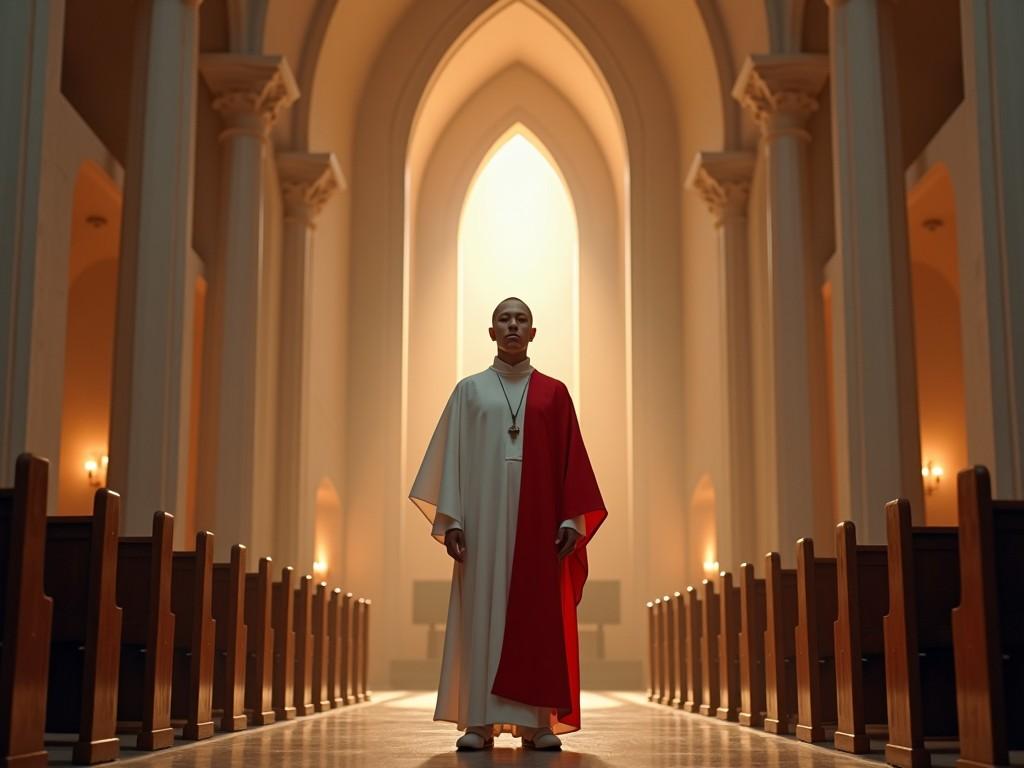 A religious figure in a two-tone robe standing in a grand church aisle, soft lighting, ornate architecture, ethereal atmosphere.