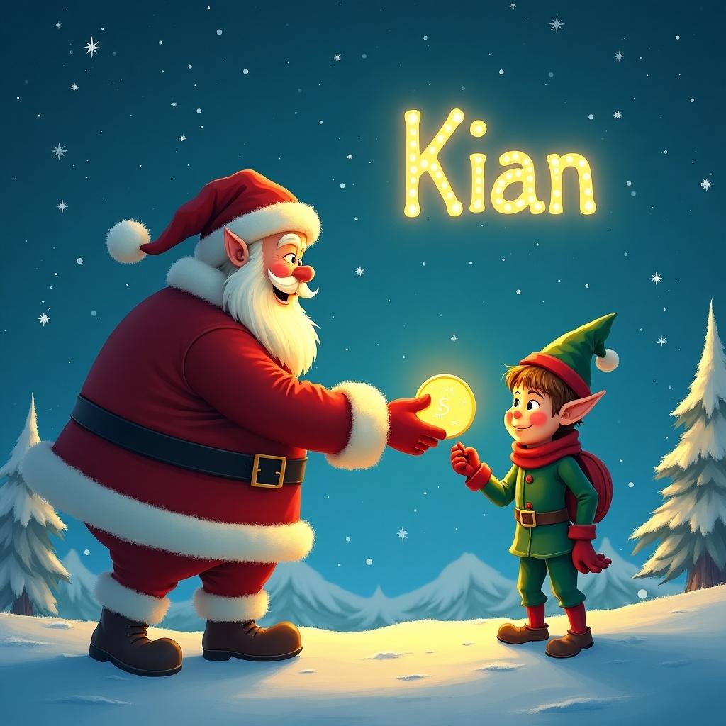 Santa Claus giving a golden coin to an elf in the North Pole. The name Kian is in the sky.