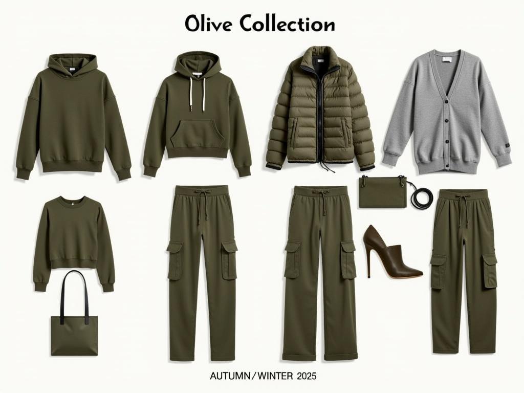 This image displays a collection of clothing items from the Autumn/Winter 2025 Olive Collection. The outfit pieces include various sweatshirts, a puffer jacket, and wide-leg cargo pants, all in shades of olive and gray. There are layered looks with different textures and styles, including hoodies and cardigans, that suggest a casual yet stylish appearance. Accessories such as a tote bag in olive green complement the clothing. The design appears modern and youthful, ideal for a cozy autumn look.