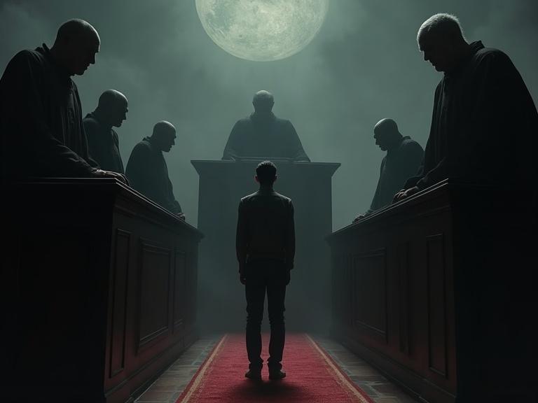A surreal courtroom scene set in darkness. A young man stands bewildered in the center. Surrounding him are towering shadowy figures, resembling judges. The architecture appears distorted. A full moon looms in the background, casting an otherworldly glow. The colors are muted, with blacks and greys highlighted by hints of red.