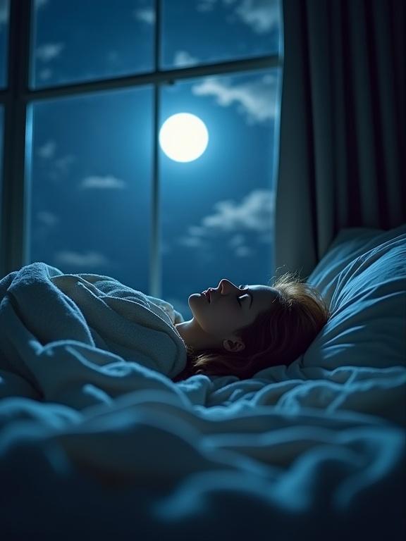 A peaceful scene of a person sleeping in bed under soft moonlight. The moonlight creates a serene atmosphere as it gently lights up the room through the window. The person looks calm and content, wrapped in a blanket. The mood feels tranquil and reflective, perfect for dreaming about the future.