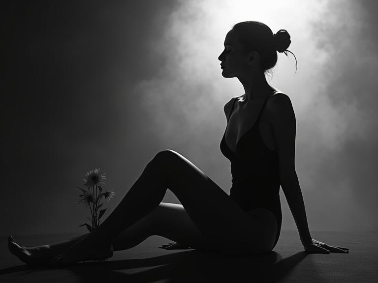 Striking black-and-white image features a woman with Slavic features in silhouette. She is seated with a relaxed pose. Minimal clothing accentuates curves. Dramatic lighting creates high contrast. Blurred background enhances focus on her figure. A flower rests near her, adding symbolism. The mood is surreal and contemplative.