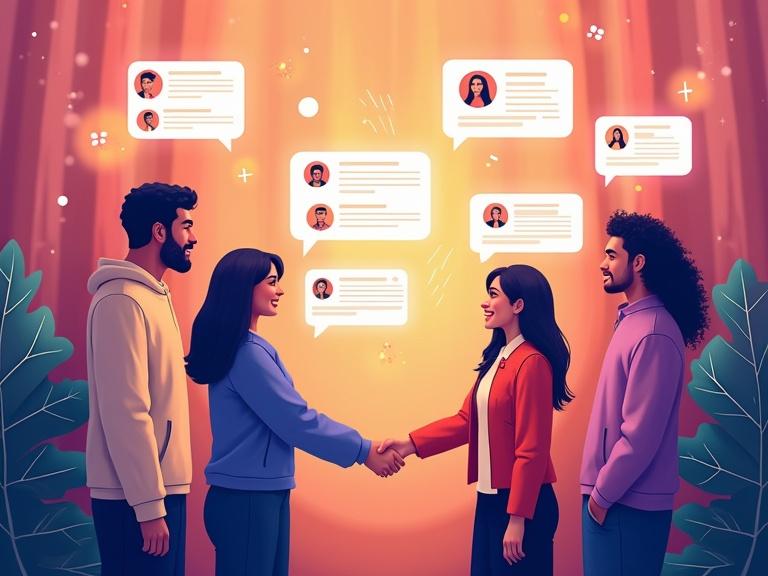 Vibrant digital illustration of thriving online community on X. Show people interacting through comments and tweets. Include emojis and speech bubbles. Highlight handshakes between profiles. Emphasize collaborative vibes, connection, and inclusivity. Use warm colors and glowing highlights. Convey engagement and relationship-building without text.