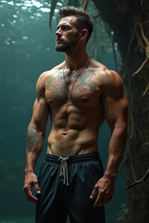 A fit muscular male with strong abs stands confidently in a forest. The green background enhances the subject's physique while soft light highlights the details of his body. He exudes strength and charisma with visible tattoos.