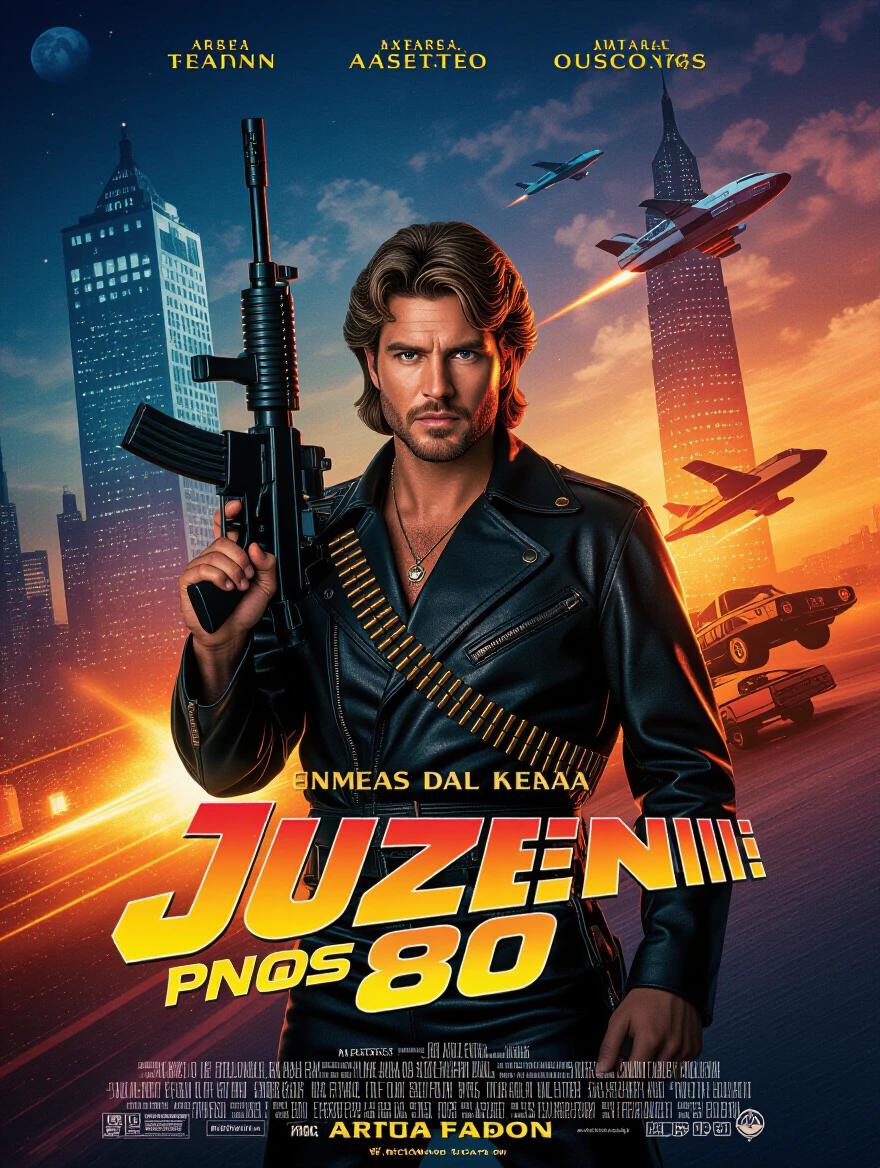Film poster inspired by 1980s action movies featuring a character with long hair styled back wearing a black shirt with studs. The scene includes vibrant HDR colors and a large gun. Full body view with a focus on the character.
