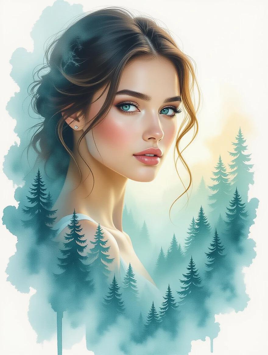 Watercolor painting depicts a female portrait alongside a misty forest. Set on white background. Soft teal and amber hues create a mystical feel. Delicate brushstrokes emphasize fluidity. Composition highlights transition between human form and nature. White background enhances tranquility. Subtle light and shade effects add depth.
