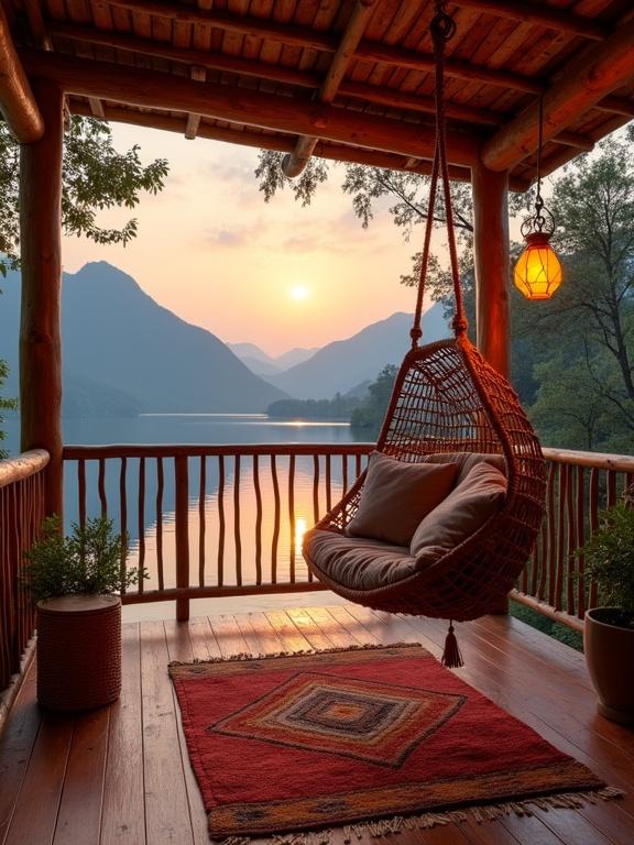 A cozy wooden porch overlooking a tranquil lake during sunset with a hanging chair and warm lighting. Mountains in the background and natural decor create a peaceful atmosphere.