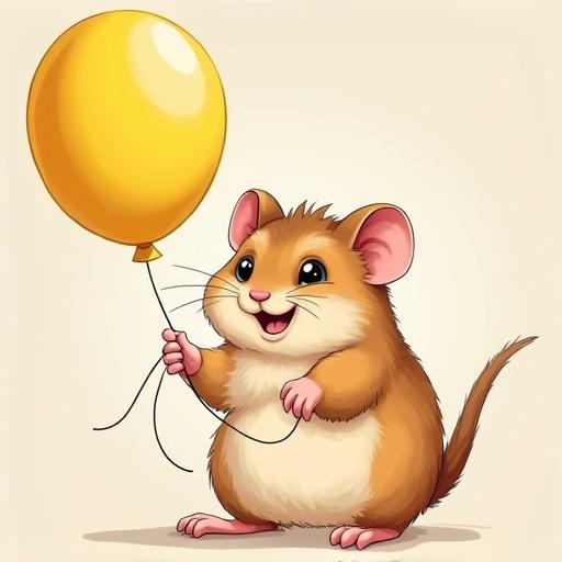 Illustrated hamster stands happy with yellow balloon. Artwork features detailed cartoon style. Hamster has a brown fur and a joyful expression. Background is light with no distractions.