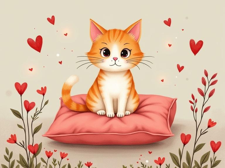 A cute cat sits on a pink pillow surrounded by flowers and tiny heart lights. The art style is naive.