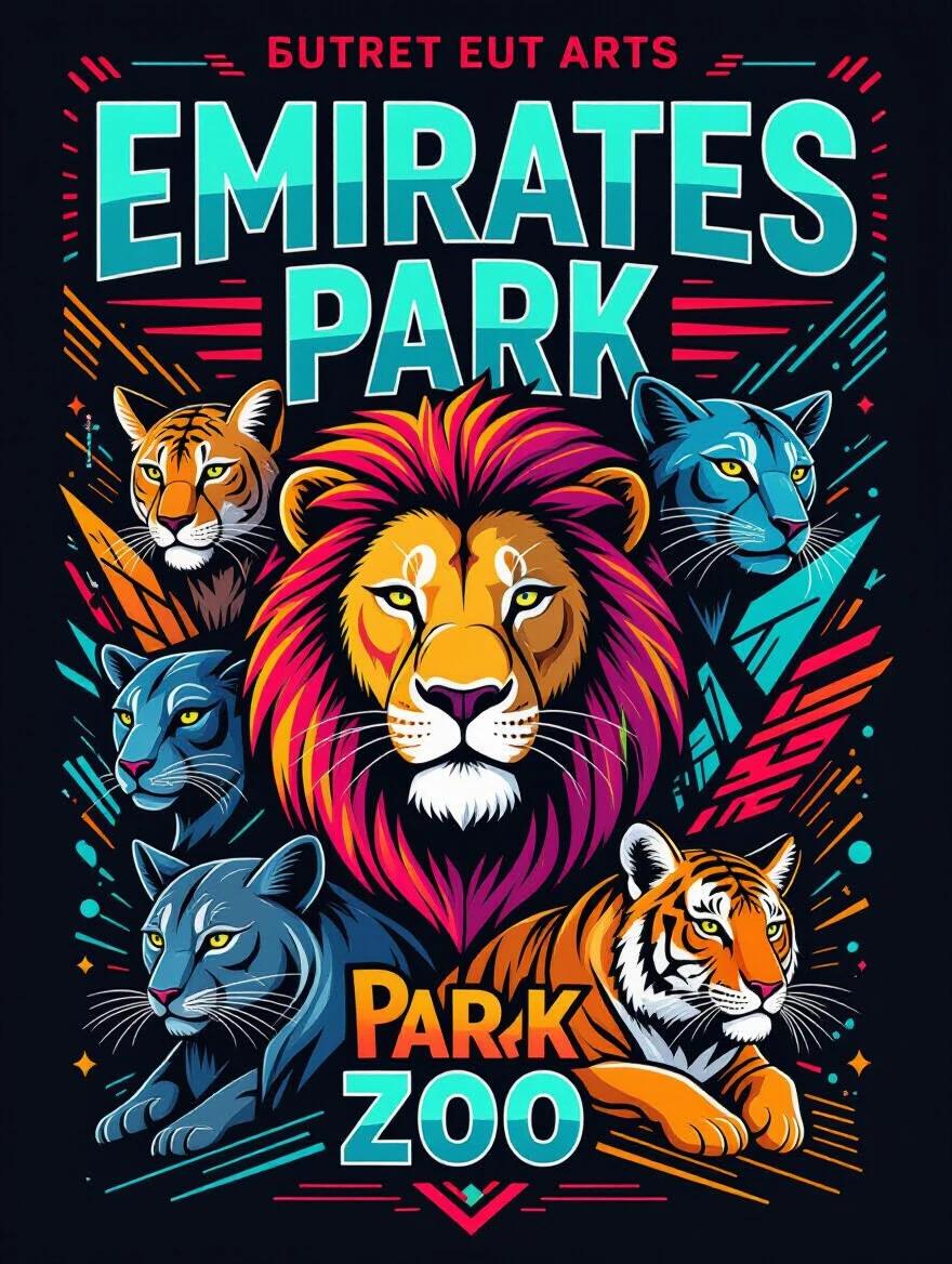 Poster design inspired by graffiti art. Reflect energy of Emirates Park Zoo. Use bold lines and strong colors. Include innovative animal imagery. Unique and vibrant style.