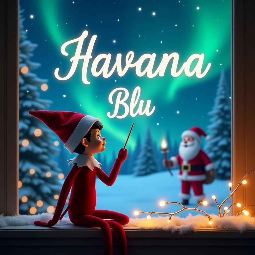 A cheeky elf sits on a window sill, facing the sky, using a wand to magically write 'Havana Blu' in the air. The background features a snowy landscape illuminated by magical northern lights. In the distance, Santa Claus can be seen, also using magic to add to the festive atmosphere. The scene is vibrant and whimsical, capturing the essence of Christmas. Soft lights are strung around the window, enhancing the holiday feel.