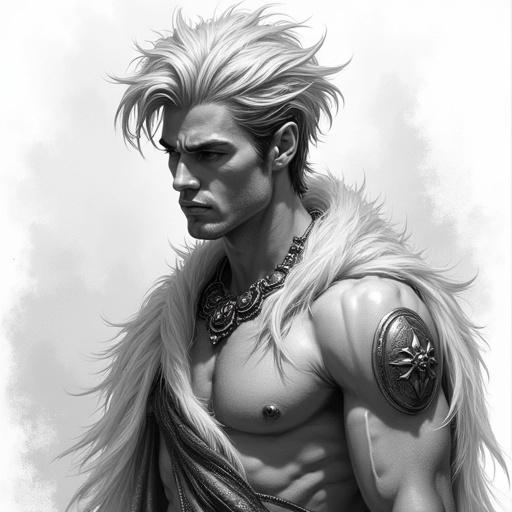 Drawing of a young male character with horns, resembling a semi-god creature, half-man and half-beast, with platinum blonde hair and fantasy attire.
