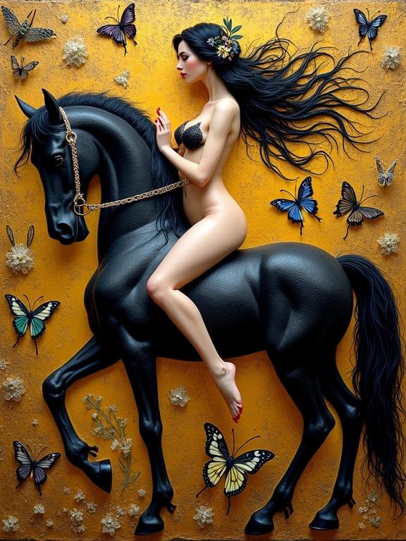3D mixed media artwork with a nude woman riding a black horse surrounded by butterflies and intricate details. The lady has long flowing hair and an ornate flower accessory, capturing the essence of whimsy and elegance.