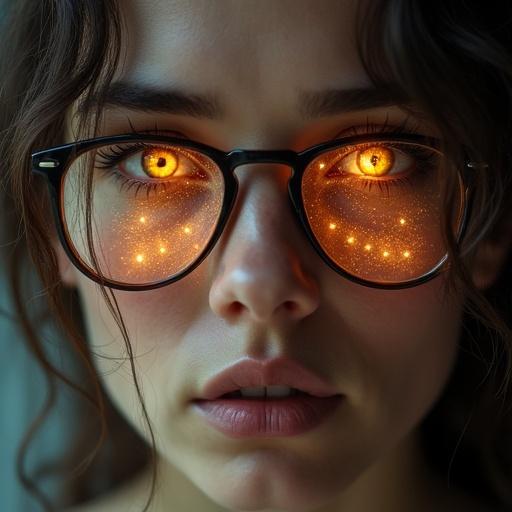 A woman has removed her glasses. Her bare eyes glow intensely with magical energy. A stream of energy flows out. Arcane runes reflect in her irises. Hair is gently blown by wind. Cinematic lighting highlights her face. A magical aura radiates around her. Skin texture is detailed. The expression is emotional and powerful.
