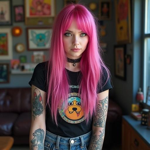 A professional photo of an alternative model with long metallic pink hair. The model has heterochromia with one green and one blue eye. Clear skin without marks is visible. She wears ripped skinny jeans with black boots and an underground-themed t-shirt. Tattoo of Marceline from Adventure Time on the left arm. Celtic fox tattoo on the right bicep. Gothic moon tattoo on the right hand. Background features an underground-themed room with various paintings and cartoon items.