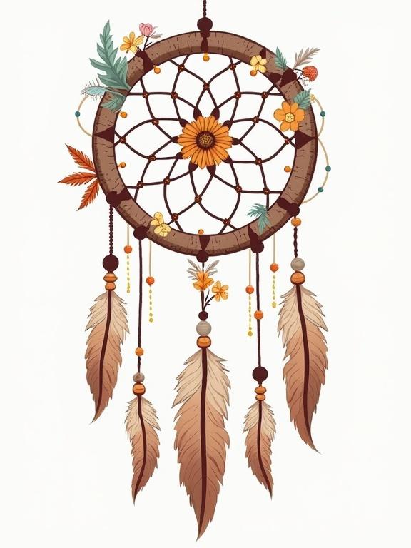 Illustration of a dreamcatcher design featuring floral patterns, beads, and feathers. The design embodies a bohemian style with natural elements.
