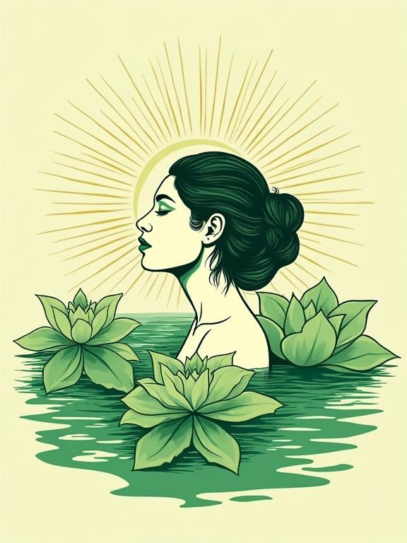 Elegant line art of an Egyptian woman's face emerging from the Nile River. Surrounded by green lotus flowers and sun rays. Stylized map of Egypt is subtly in the background. Only shades of green are used. Inspirational and minimal with a strong cultural identity. Poster style.