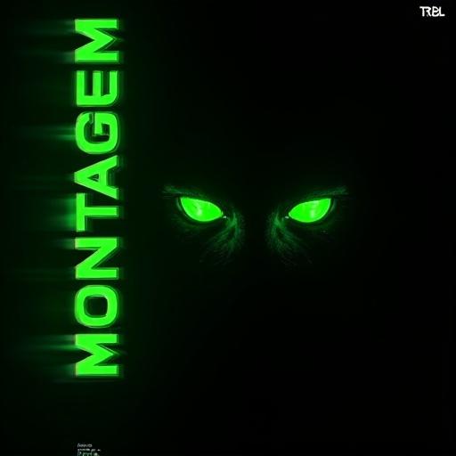 Dark abstract digital art features glowing green eyes peering through darkness. The background is pure black with extreme contrast. A vertical text "MONTAGEM CORE" is displayed on the left side in large glossy 3D letters with a vibrant green neon glow. Minimal details aside from the eyes. Includes chaotic black brushstrokes, a futuristic dark theme, and void-like darkness. The TRBL logo is in the top right corner.