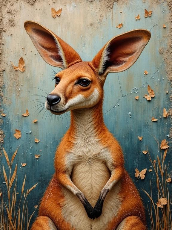 Kangaroo in front of a textured abstract background. Bright colors enhancing its features. Mixed media style with collage elements like jute and newspaper. The kangaroo's expression is curious and inviting. Background decorated with butterflies and natural textures.