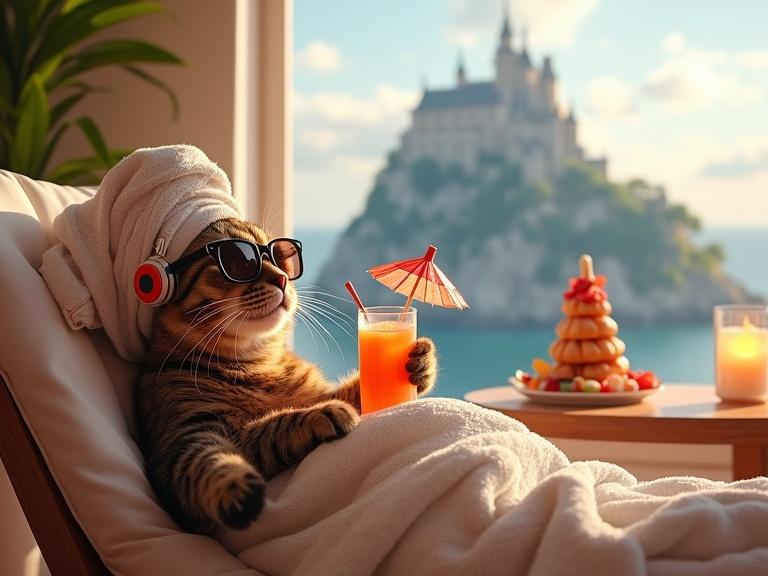 A tortoiseshell cat reclines on a lounge chair. The cat wears a towel turban and sunglasses. The cat holds a drink with a small umbrella. The setting is a spa with candles and rose petals. A castle on a mountain is visible through the window. The atmosphere is relaxing and luxurious.