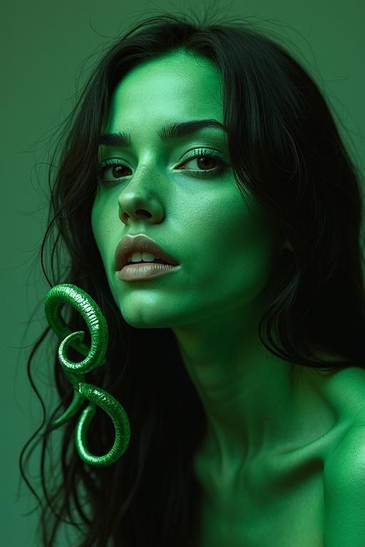 Woman with green skin and alien tentacles. Focus on facial features. Soft lighting. Close-up perspective. Color tones in greens.