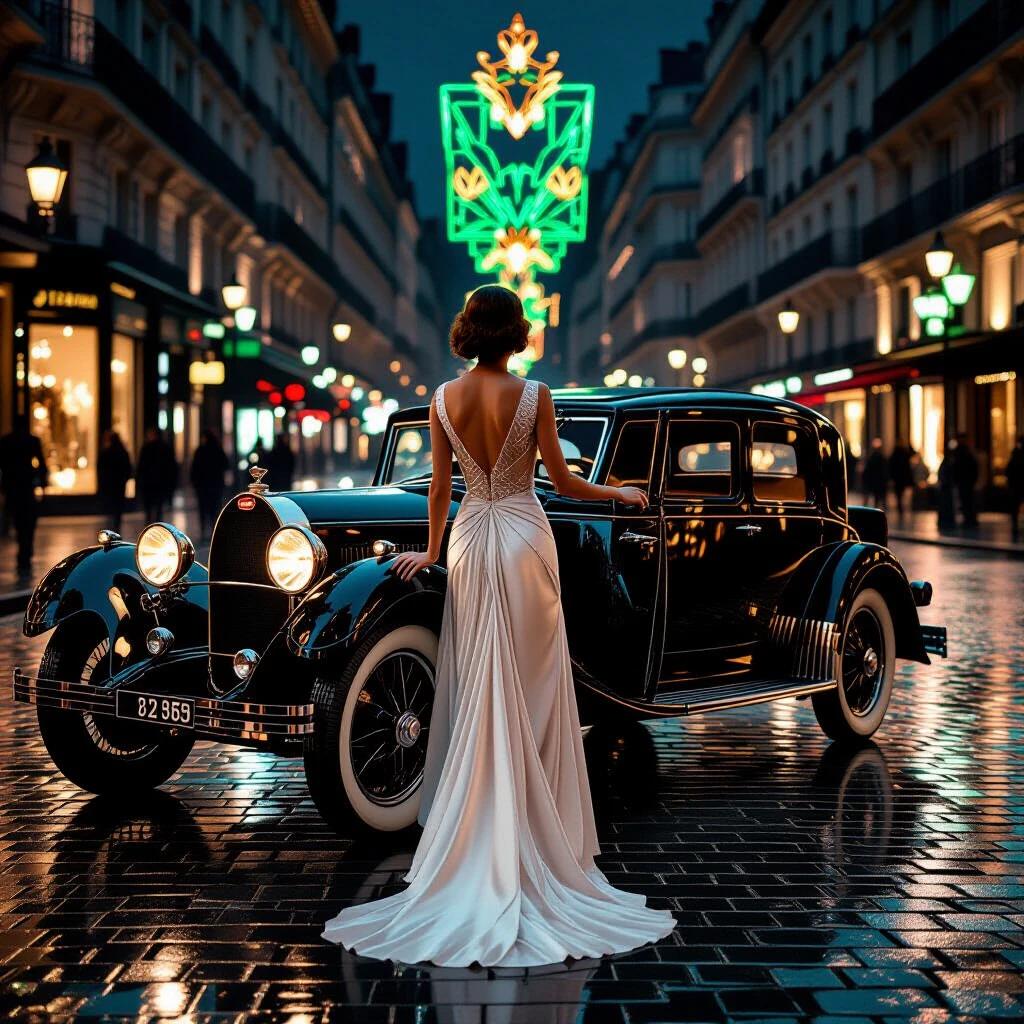 A cinematic still of a woman opening the door of a parked 1924 Bugatti Type 35. She wears a knee-length matte white dress with Art Deco patterns. The scene captures 1925 Paris at midnight with rain-slicked cobblestones. Art Deco neon lights in emerald and gold reflect on the street. The atmosphere features warm light from vintage streetlamps and glowing headlights of the car.