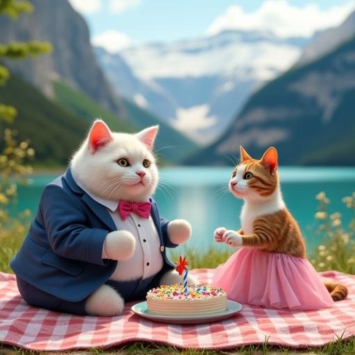 Two cats are having a birthday picnic. One is a fat white cat in a suit. The other is a thin calico cat in a pink dress. They sit on a blanket. A birthday cake is in front of them. A lake and mountains are behind.