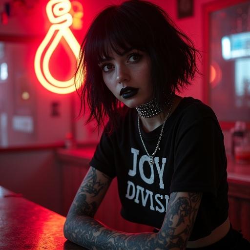 A goth woman at a bar counter under neon lights. She has a shag haircut with violet underlayer. Sunken brown eyes with thick kohl. Wearing a cropped JOY DIVISION tee showing a navel piercing. Spiked choker and multiple piercings are visible. The surroundings include a cracked neon sign and reflections in a broken mirror.