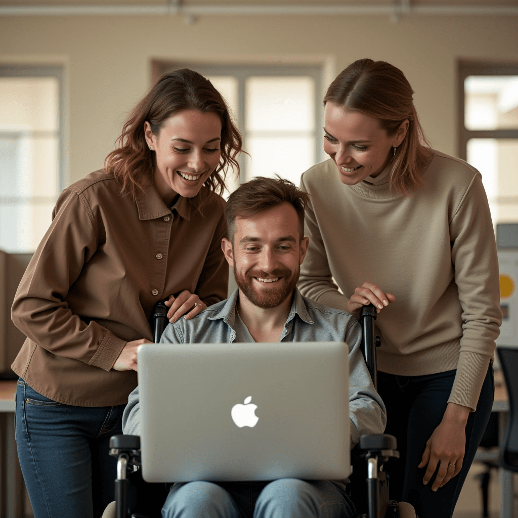 Three people are cheerfully looking at a laptop screen together.