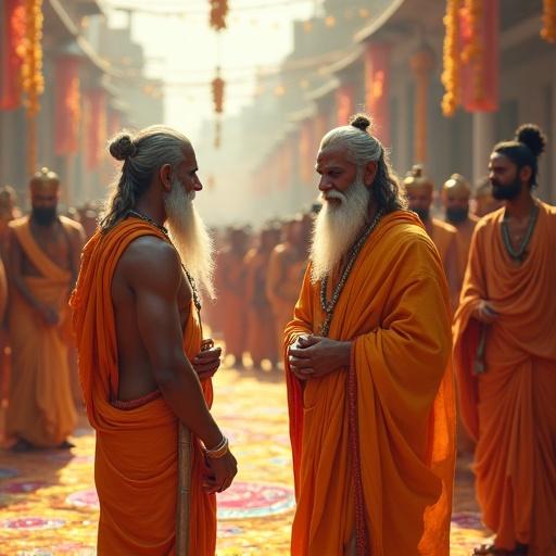 Photorealistic scene depicting a grand city celebrating a royal welcome. Roads decorated with marigold and rose garlands. Rangoli patterns on the ground. Fragrant water sprinkled from ceremonial pots. A wise elderly sage with a long white beard and light orange dhoti stands with youthful warrior princes dressed in saffron. King Janak in royal attire bows in respect. The atmosphere is festive and sacred.