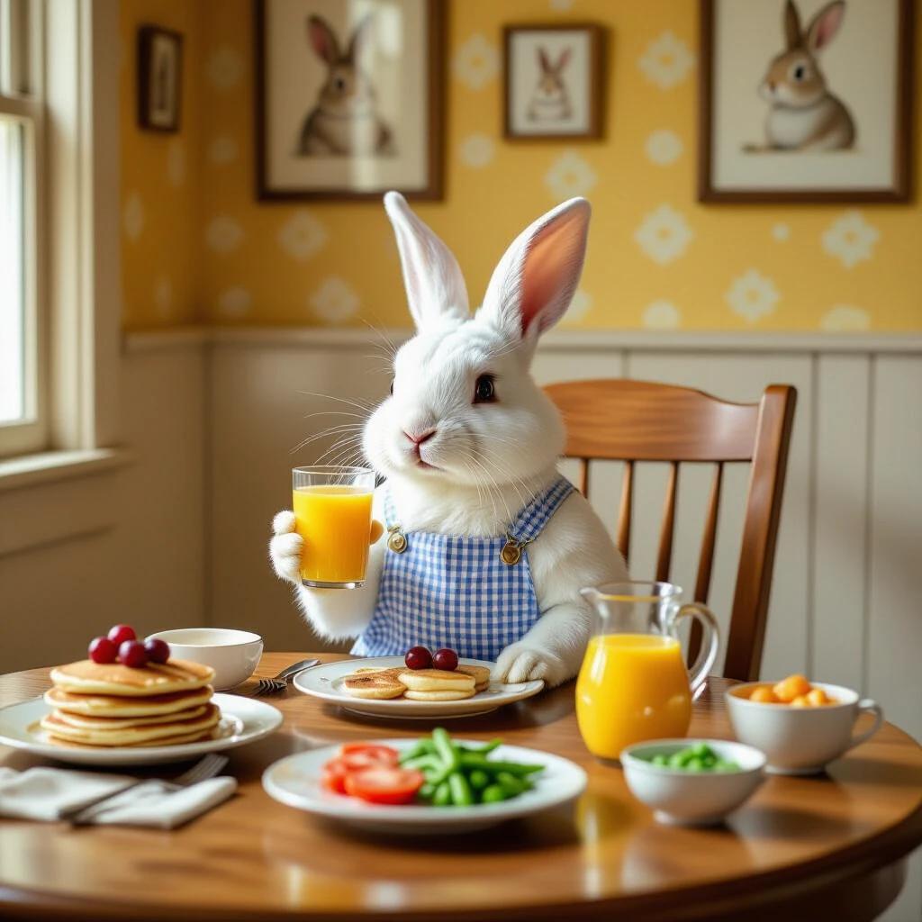 White rabbit at a wooden dining table holding a glass of juice. Rabbit wears blue checkered overalls. Table is set with pancakes, grapes, green beans, sliced tomatoes, peas, and cream bowls. Cozy rustic dining room with yellow wallpaper and framed bunny portraits. Focus on tabletop and rabbit's upper body.