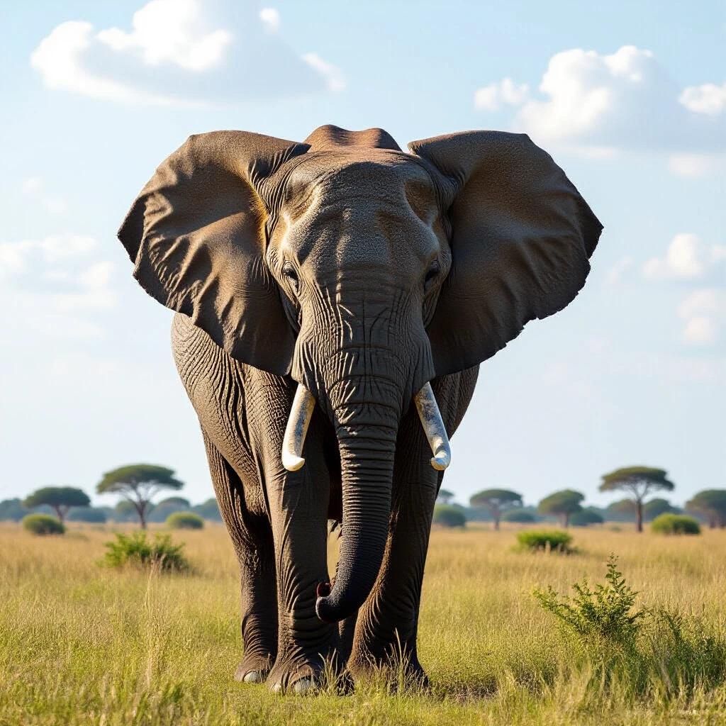 A large elephant stands in the savannah. The elephant has large ears and impressive tusks. The background shows a bright sky with some clouds and distant trees. Grass covers the ground around the elephant.