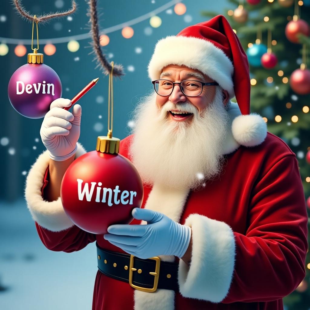 Santa Claus writes names on festive baubles in a snowy setting. Christmas lights twinkle in the background. Colorful and bright colors enhance the holiday spirit. Baubles display names. Santa wears a joyful expression in his red suit.