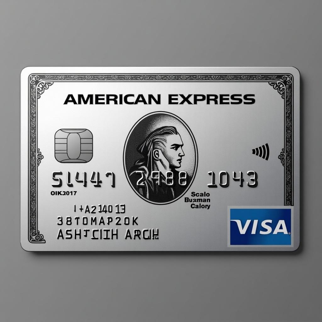 Realistic image of a platinum American Express credit card. Visa logo visible. Cardholder name is Stanley Cook. Expiry date is March 2045. Silver background with bold black font shows modern elegance. Name Ashitosh Barge written on it.